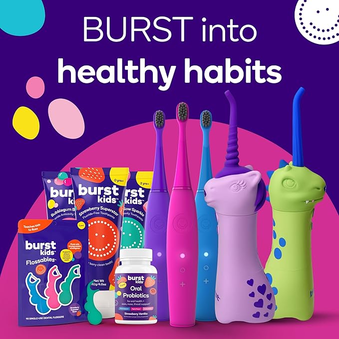 BURST Kids Water Flosser (Dinosaur) | Cordless & Rechargeable Water Flosser for Teeth | 3 Gentle Pressure Modes | Silicone Safety Tip | Braces-Friendly | Fun, Kid-Safe Design | 155mL Water Tank