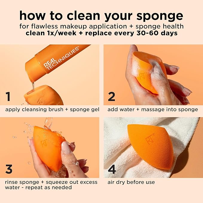 Real Techniques Miracle Complexion Makeup Sponge, 4-Pack Beauty Blender For Liquid & Cream Foundation, Streak-Free Coverage, Latex-Free, Vegan & Cruelty-Free