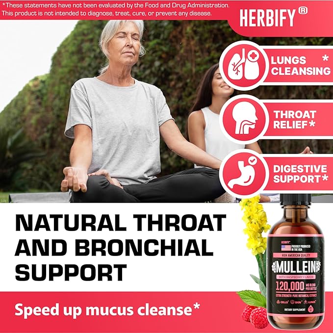 HERBIFY Mullein Drops - Lung Cleanse - Leaf Extract - Powerful Mullein for Immune Support, Detox & Respiratory Support - Made in USA - 4 Oz Raspberry Flavor