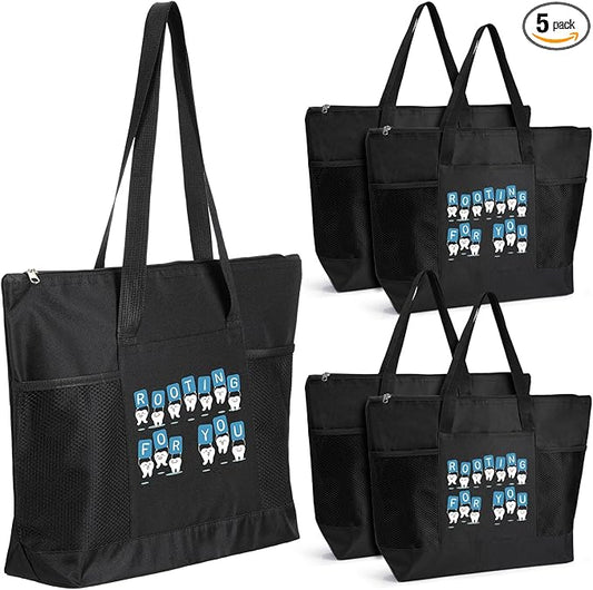 Roowest 5 Pcs Dental Hygiene Appreciation Christmas Gifts Tote Bags with Mesh Pockets Tote Bags Zipper for Dentist Assistant Accessories(Black)