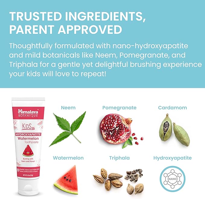 Himalaya Botanique Kids Hydroxyapatite Toothpaste, Watermelon Flavor - Nano Hydroxyapatite to Support Remineralization and Restore Enamel, Fluoride-Free, Vegan, Gluten Free, 4 oz