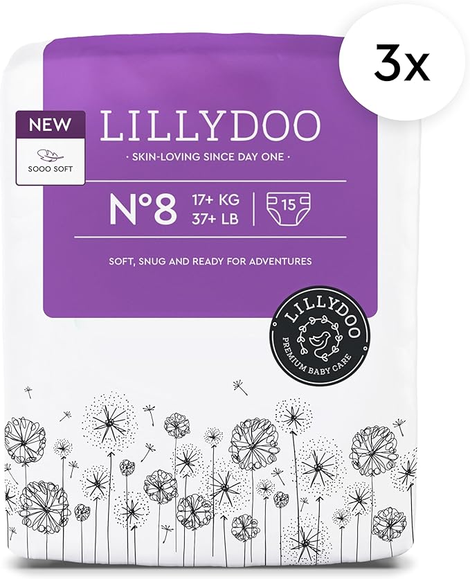 LILLYDOO Baby Diapers - Size 8 (37+ lbs), Half-Monthly Supply (45 Count), Leak Protection, Skin-Friendly, Ultrasoft, Perfume- & Chlorine-Free, Hypoallergenic, dermatologically Tested, Oeko-TEX®