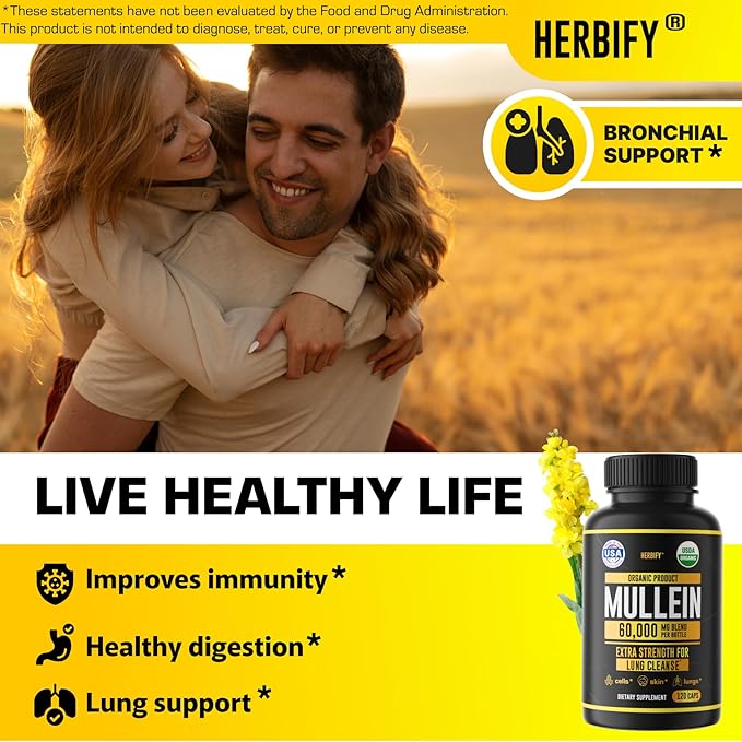 HERBIFY Mullein Capsules - Lung Cleanse - Leaf Extract - Powerful Mullein for Immune Support, Detox & Respiratory Support - Made in USA - Herbal Supplements - 120 Capsules