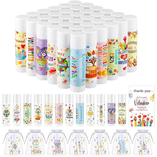 36 Set Volunteer Appreciation Gift Bulk Volunteer Lip Balm Thank You Card Organza Bag for Charity Ministry Social Worker Church Coworker Valentine's Day Birthday Party Favor Decoration