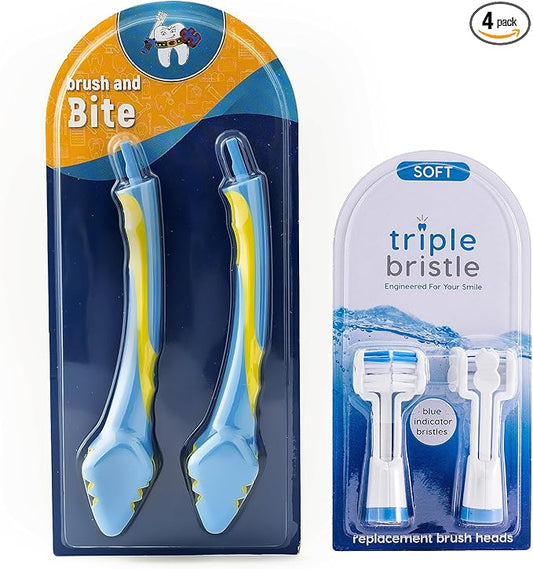 Triple Bristle Brush and Bite Handle Replacement Brush Head Combo | Special Needs & Autism Mouth Prop Toothbrush | Ergonomic Handle w/Bite Block | Patented 3 Head Design | Kids & Adults