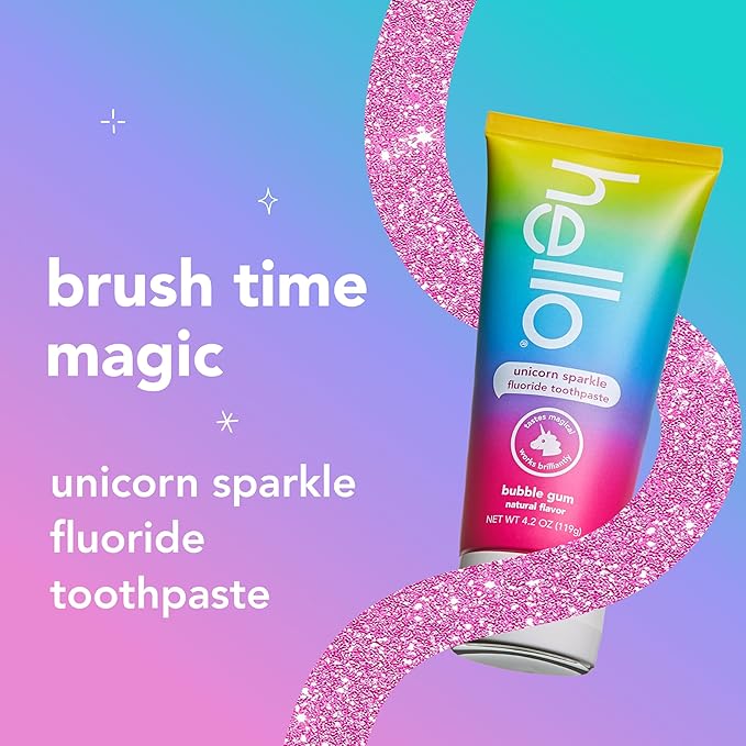 hello Unicorn Sparkle Kids Toothpaste with Fluoride, Bubble Gum Toothpaste, 4.2 Oz Tube (Pack of 3)