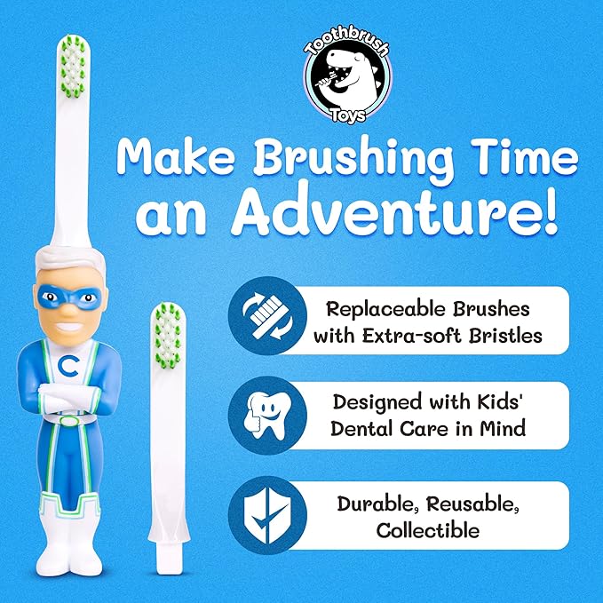 Kids Soft Bristle Superhero Toothbrush for Ages 2+, Gentle and Cute Toothbrush for Children with Replaceable Brush Head, Ergonomic Handle Kids Brush for Teeth Care Ideal for Toddlers, Superhero Design