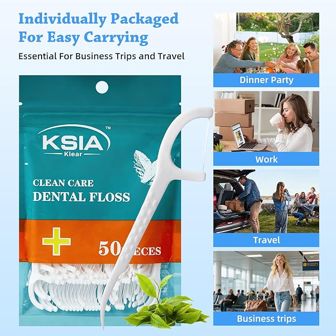 KSIA Klear Dental Floss Picks, 50 Count Tooth Picks Flossers, Dental Floss Cleaner, Dental Flossers for Family, Keep Teeth Clean, Remove Food and Plaque, with 1 Portable Sealed Pouch