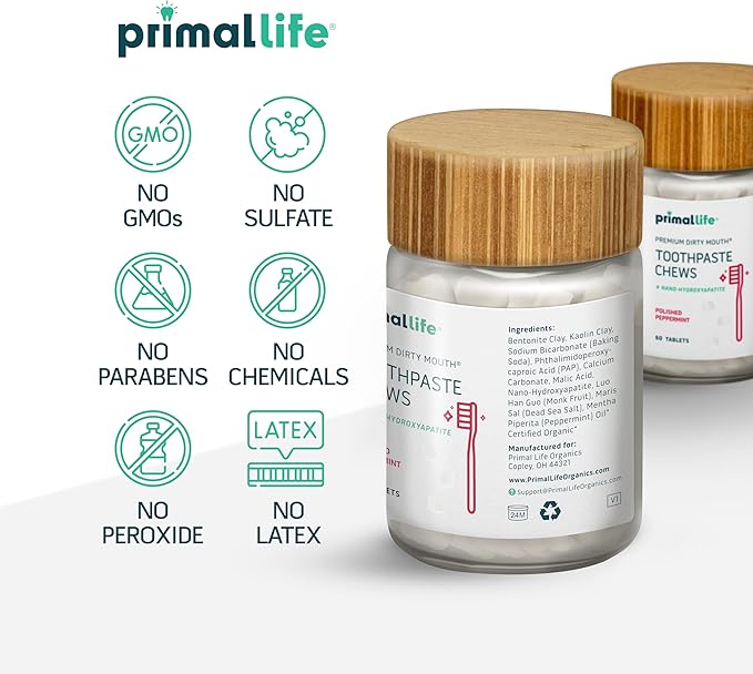 Primal Life Organics Premium Dirty Mouth Toothpaste Chews – Nano-Hydroxyapatite Whitening Toothpaste Tablets for Adults - Gluten Free, Vegan, Paleo - 60 Tablets in Jar - Polished Peppermint