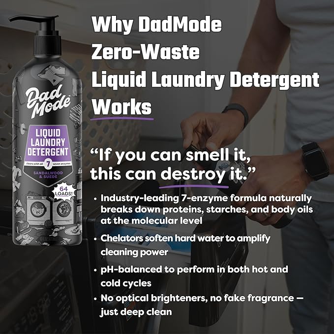 DadMode Maximum Strength Cleaning Set for Busy Families - 7 Enzyme Stain Remover, Surface Cleaner, Laundry Detergent, Carpet Cleaner - Sandalwood & Suede, 64 oz