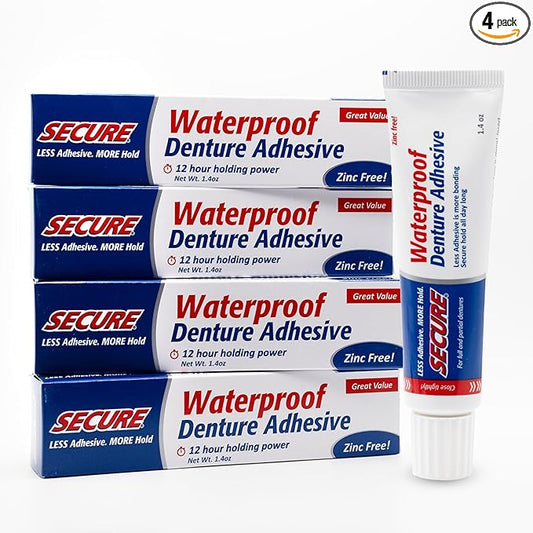 Secure Waterproof Denture Adhesive - Zinc Free - Extra Strong 12 Hour Hold - 1.4 oz (Pack of 4)