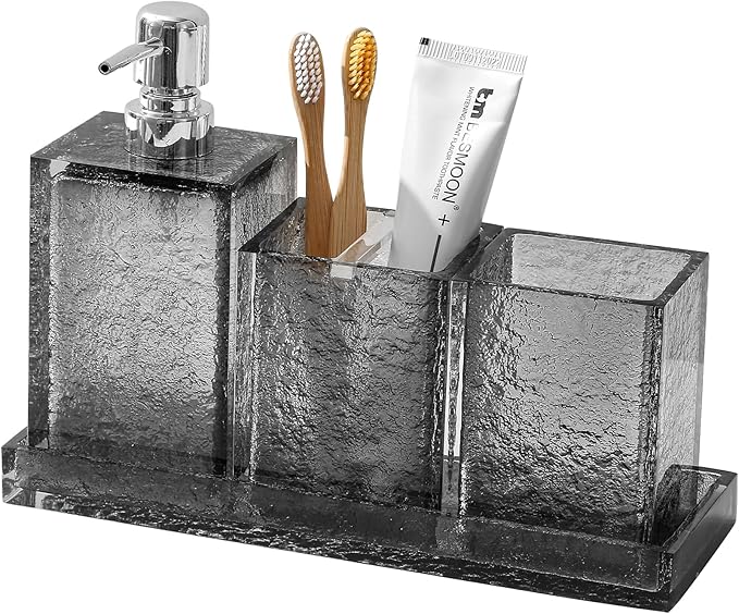 Bathroom Accessories Set, 4Pcs Hand Soap Dispenser and Toothbrush Holder Set, Tumbler Mouthwash Cup, Vanity Tray for Modern Home Decor Bathroom Countertop Organizer (Gray)