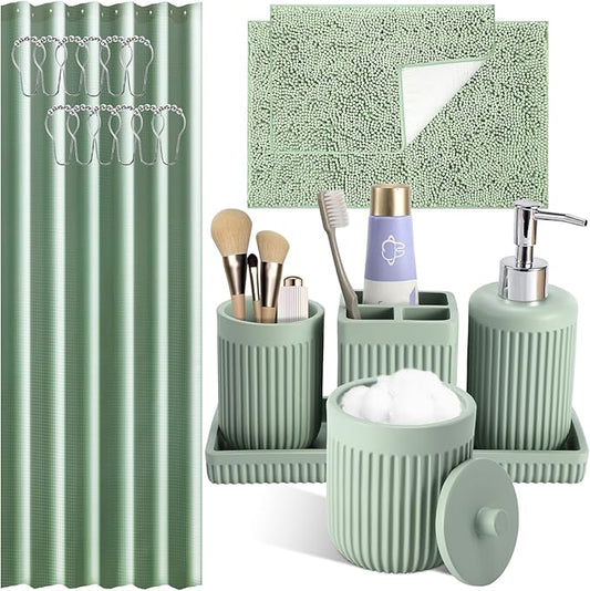 8-Piece Light Green Bathroom Set - Resin Bathroom Accessories Sets Complete with Shower Curtain and Rugs, Soap Dispenser, Toothbrush Holder, Tumbler & Vanity Organizer