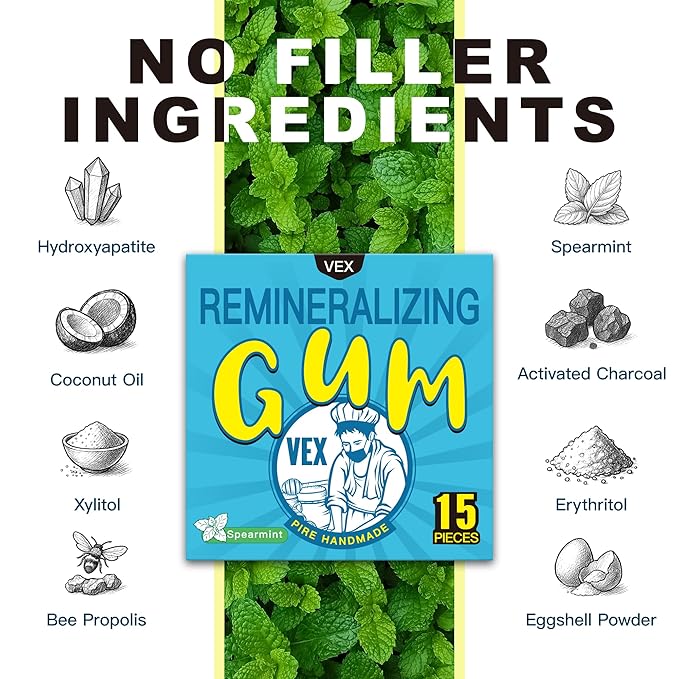 VEX Remineralizing Gum with Nano Hydroxyapatite Supports Fresh Breath and Oral Health, Xylitol Handmade Chewing Gum for Enamel Protection Sugar Free Aspartame Free Gluten Free (90, Mastic Mint)