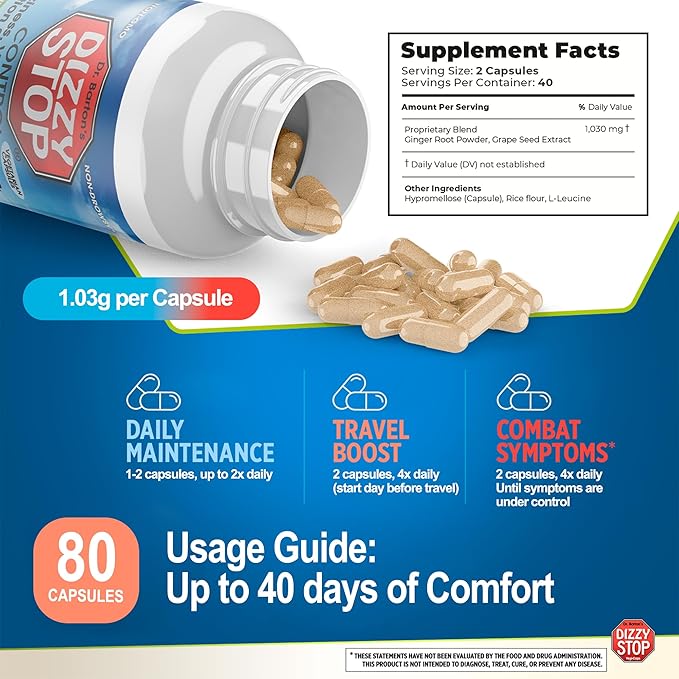 Vertigo Relief Product & Non‑Drowsy Motion Sickness Pills: Nausea and Dizziness, Ginger & Grape Seed Formula, Inner Ear Balance, Car, Cruise & Travel Essential, Stomach Support, Sea Sickness, 80‑Count