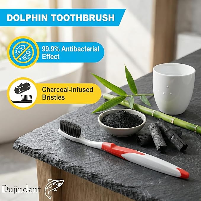 Dolphin Charcoal Toothbrush Extra Soft Bristle Manual Soft Long Flossing, Ultra Clean Toothbrush, Good for Sensitive Teeth and Gums (Red, Charcoal 4 Packs)