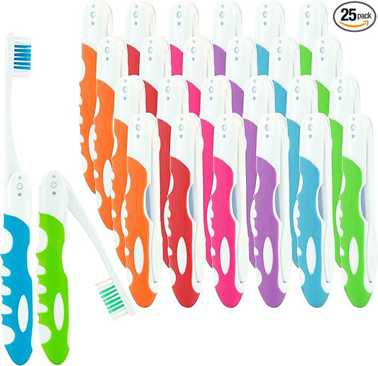 Lingito Bulk Travel Toothbrush, Folding, Built in Toothbrush Cover, Individually Wrapped, Camping, Hiking (25 Pack Medium)