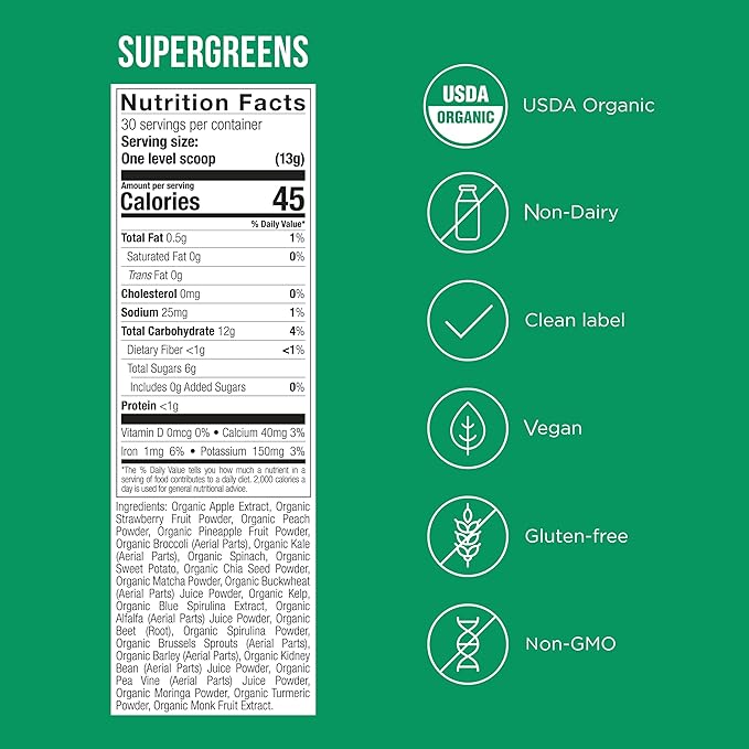SuperGreens - Superfoods Powder Mix with 23 Whole Food Ingredients - Vegan, Organic, Plant-Based Wellness - Gluten-Free, USDA Organic - Clean Label - 1 Bag, 30 Servings