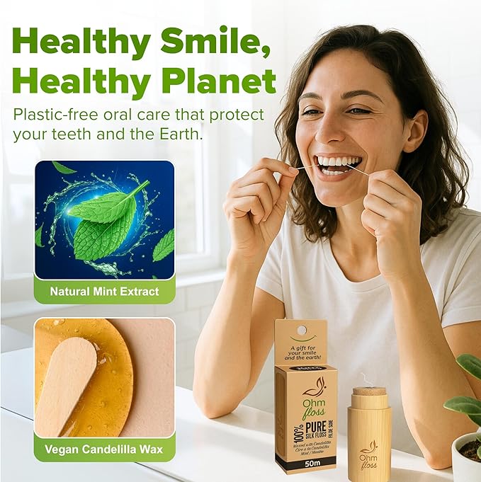 Ohm Earth’s Ohm Floss – Natural Silk Dental Floss with Refillable Bamboo Holder, Naturally Waxed with Candelilla 100% Compostable, 55 yds/50m Spool – Eco-Oral Care, Natural Mint