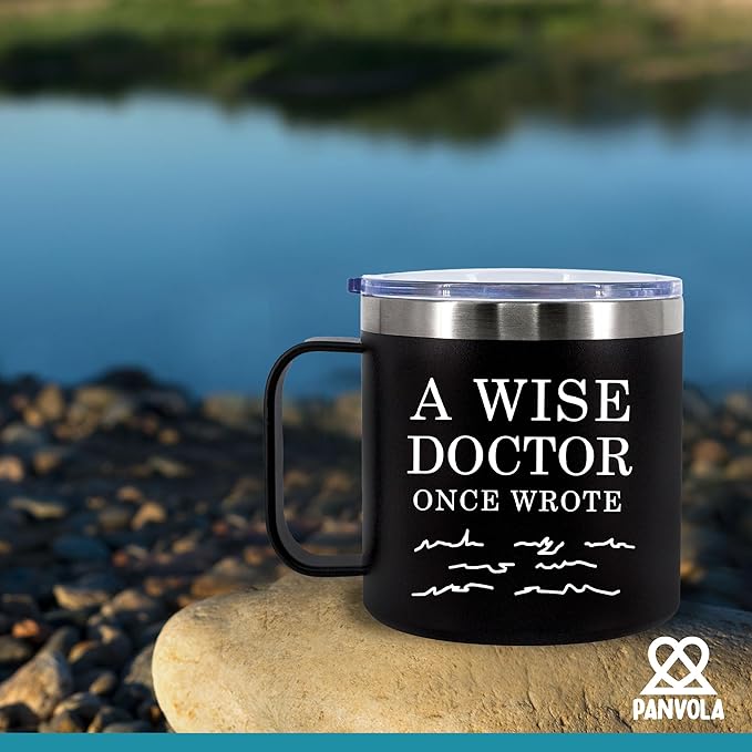A Wise Doctor Once Wrote Insulated Coffee Cup 14oz With Handle And Lid Doctor Gifts Physician Medical Student MD Dr Husband Wife Dad Mom Stainless Steel Vacuum Insulated Camping Travel Mug (Black)