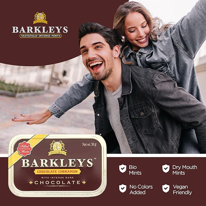 Barkleys Gourmet Chocolate&Cinnamon Breath Mints- Strong Chocolate Cinnamon Flavor for Party-After Dinner-Wedding-Every Day Use-Vegan Mints In Reusable Classic Travel Tins,1 Pack - 50 Count Each