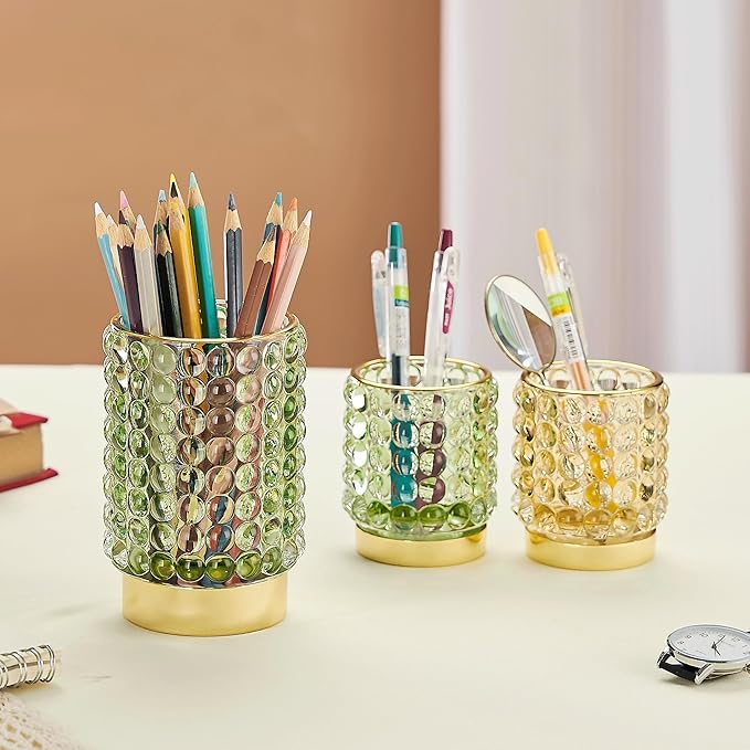 Makeup Brush Holder Organizer,Toothbrush Holders,Desk Pen Pencil Holder,Multifunctional Vintage Glass Brush Cup(A38-6-US/Gold/S)