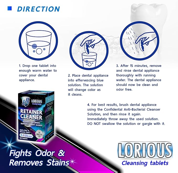 Retainer Cleaner and Other Dental Appliances Cleaner Tablets (120 tablets) for 4 months supply. For Retainer, Denture Appliances, Aligner and Mouth Guard.