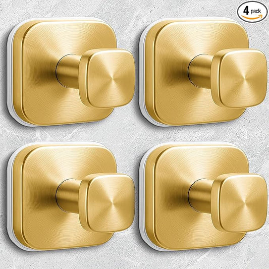 Shower Hooks for Inside Shower,Reusable Suction Cup Hooks for Glass Window,Mirror,Removable Towel Hooks for Bathroom,4 Pack(Gold)