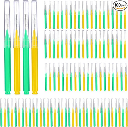 Patelai 100 Pieces Braces Brush for Cleaner Interdental Brush Toothpick Dental Tooth Flossing Head Oral Dental Hygiene Flosser Toothpick Cleaners Tooth Cleaning Tool(Green, Yellow,Mixed Sizes)