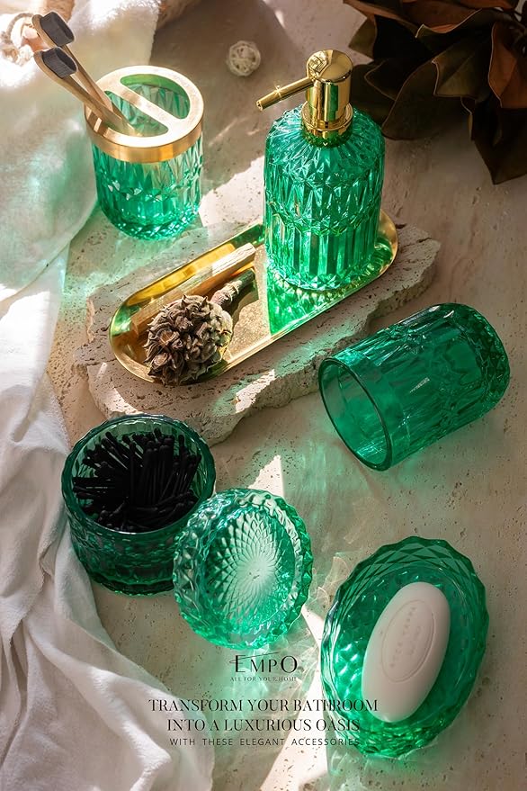 EMPO 6PCS Bathroom Clear Glass Accessories Set (Lotion Soap Dispenser, Soap Dish, Toothbrush Holder, Tumbler, Cotton Swab Jar), Contemporary Modern Decor Crystal Vintage Gift (6pcs Vintage Jade)