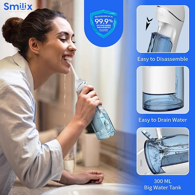 Smilix Water Flosser, 4-Mode Cordless Oral Irrigator – 300ML, USB-C, Waterproof (IPX7), 5 Jet Tips, Travel Case – Powerful Deep Cleaning for Teeth & Gums