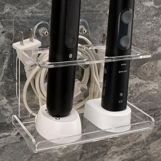 Electric Toothbrush Holder Wall Mounted, Electric Toothbrush Cord Organizer Holds 2 Chargers, Self Adhesive Electric Toothbrush Stand for Bathroom, Medicine Cabinet, Dorm(Clear)
