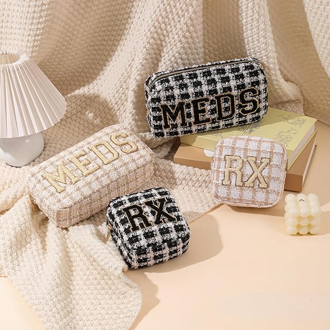 Personalized Chenille Letter Patch Checkered MEDS Bag,Cute Plaid Patter Drug Medicine Travel Makeup Bag with Zipper, Preppy Vitamin Organizer Bag for Women and Girls (06Beige Checkered)