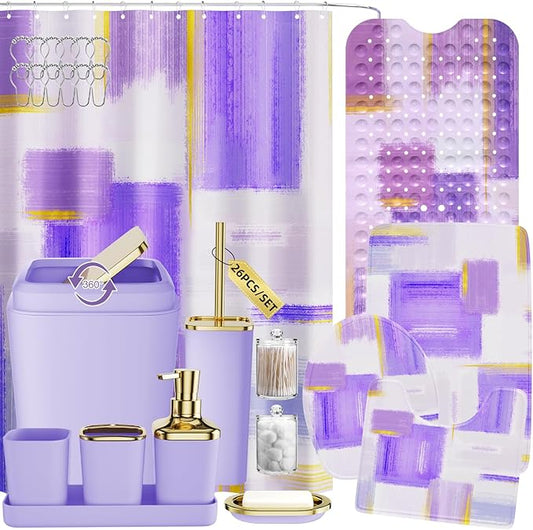 Bathroom Accessories Set - 26PCS Purple Bathroom Set, Bathroom Accessory Set with Shower Curtain and Rugs and Bathtub Mats for Home