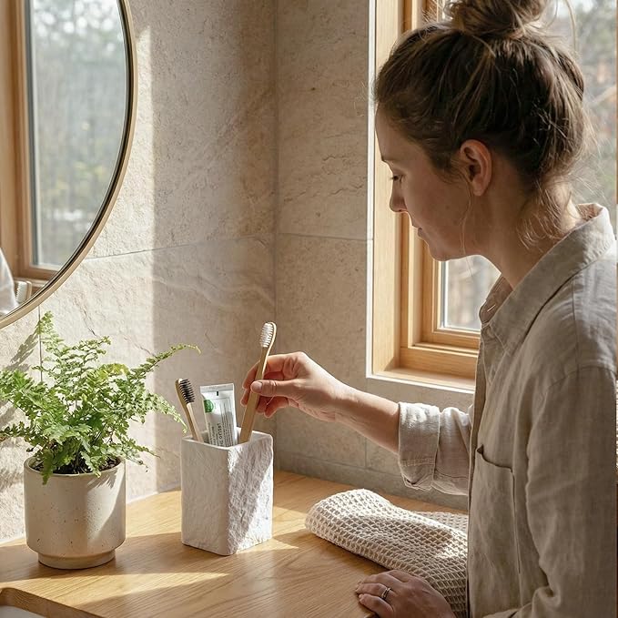 White Stone-Look Toothbrush Holder for Bathroom, Natural Rough Stone Textured, Unbreakable Heavy Bathroom Cup, Vanity Countertop Organizer for Makeup Brushes