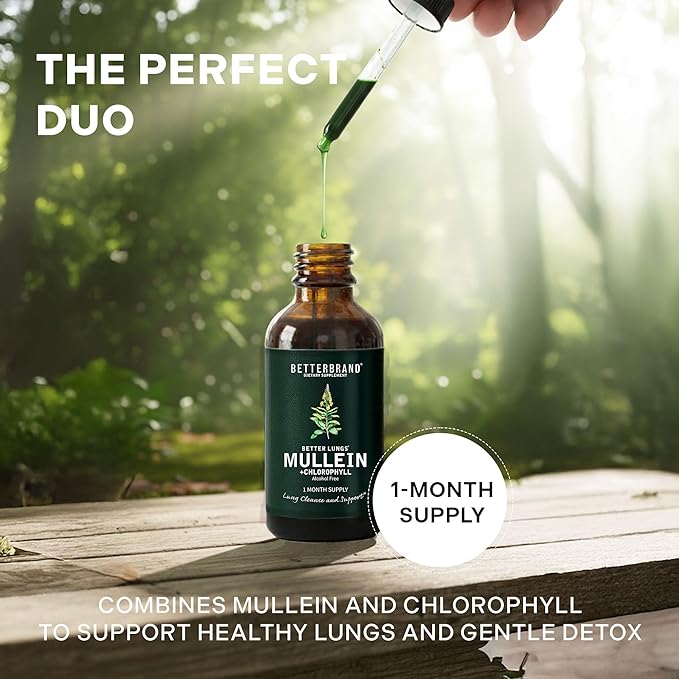 Betterbrand Mullein Drops for Lung Detox - Mullein Leaf Tincture with Chlorophyll - Helps Support Respiratory Health, Alcohol-Free, 1 Month Supply - 60ml