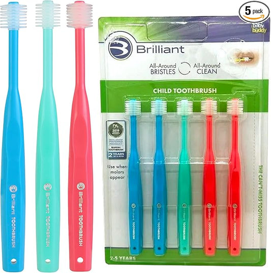 Brilliant Oral Care Child Toothbrush with Soft Bristles and Round Head, for a Kid Approved, Easy to Use All-Around Clean Mouth, Ages 2-5 Years, Assorted Colors, 5 Pack