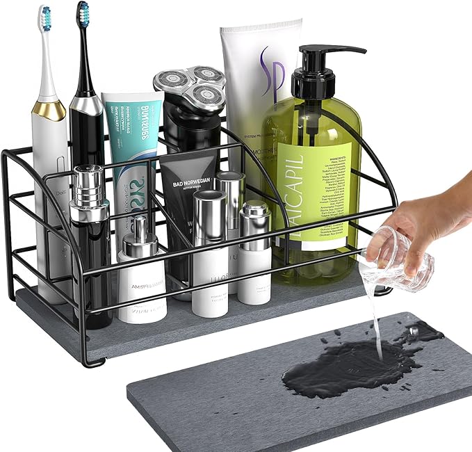 Luxspire Toothbrush Holders, 5 Slots Bathroom Counter Organizer with Diatomaceous Earth Tray, Stainless Steel Toothbrush Holder for Bathroom Kitchen Dressers Accessories, Black