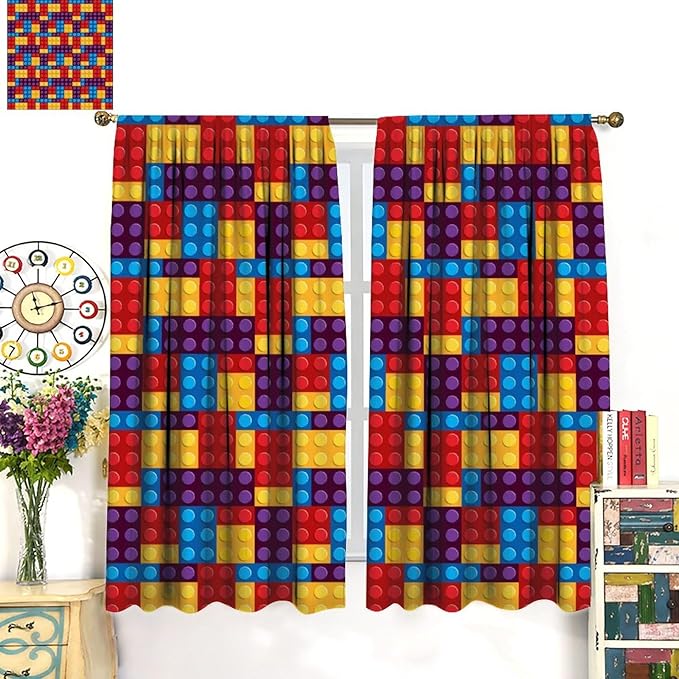 Building Block Colored Curtains, Children's Themed Curtains Collection Building Block Patchwork Cartoon Print Curtains, Light Trim 2 Panel Set Rod Pockets 42x54in