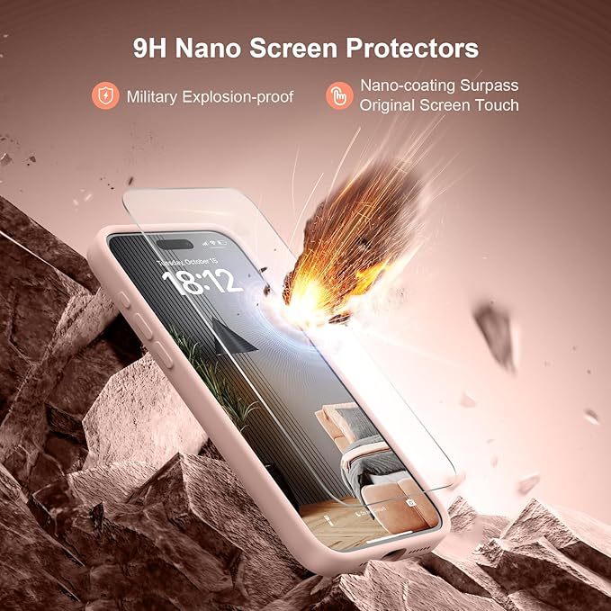 Magnetic for iPhone 15 Pro Case, Compatible with MagSafe, with 9H Nano Screen Protectors, Full Camera Protection, Silicone Shockproof Microfiber Lining Phone Case 6.1", Pinksand