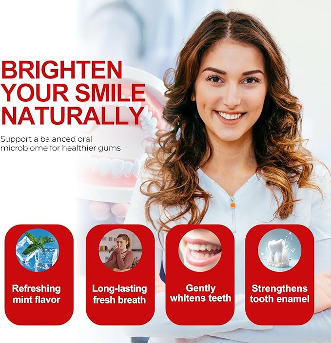 Woman with a smile, promoting natural teeth whitening with text and icons.