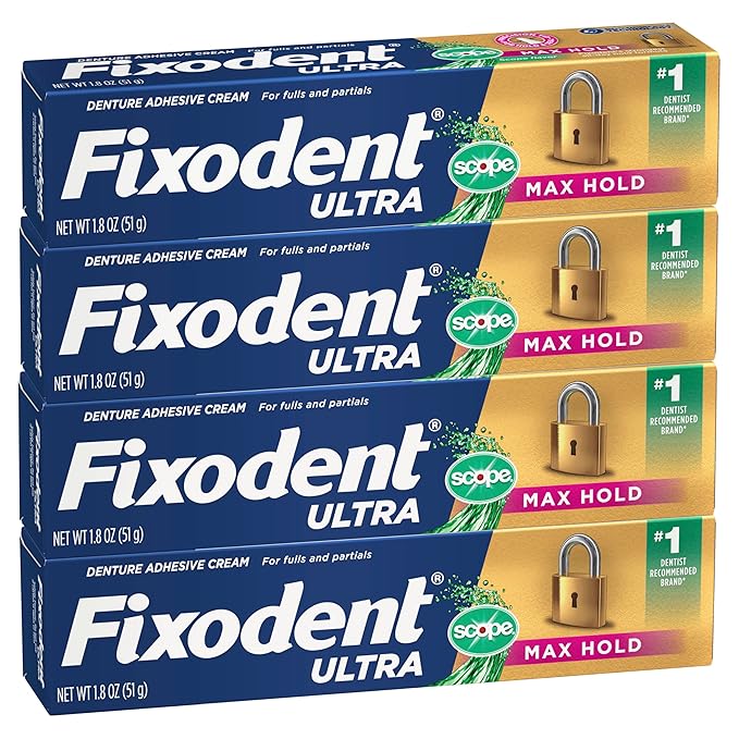 Ultra Max Hold Plus Scope Secure Denture Adhesive for Full and Partial Denture Wearers, 1.8oz 4 Pack