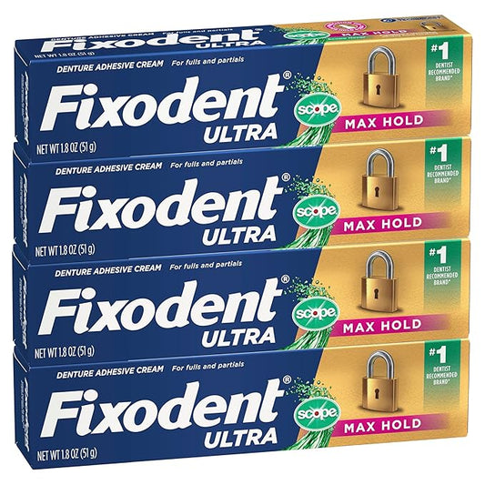 Fixodent Ultra Max Hold Plus Scope Denture Adhesive – Fresh Breath, Precision Tip, Full & Partial Dentures, 1.8oz, 4-Pack