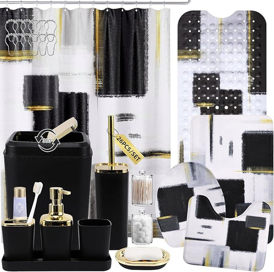 Bathroom Accessories Set - 26PCS Black Bathroom Set, Bathroom Accessory Set with Shower Curtain and Rugs and Bathtub Mats for Home