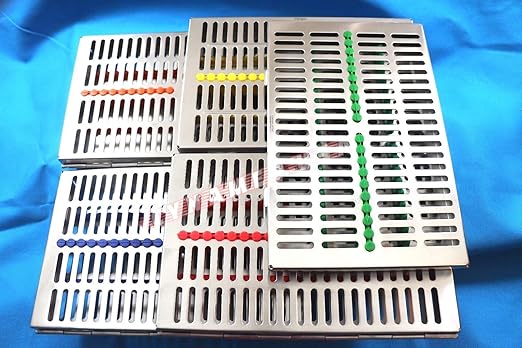 German Stainless 5 Dental Sterilization Cassette Rack Tray Box for 20 Instruments Set of 5 Color