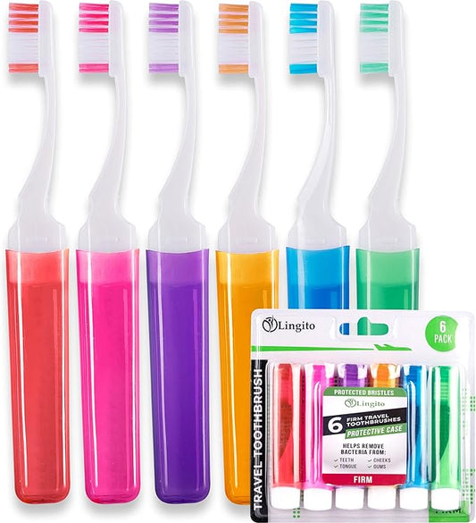 Lingito Travel Toothbrushes - Mini Toothbrush with Cover, Camping Toothbrush Kit (6 Pack Firm)