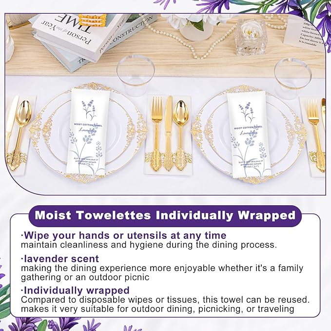 Moist Cotton Towel Bulk Moist Towelettes Individually Wrapped,White Towel Services,Refreshment Pre Moistened Towels for Dentist Travel Sport Party Hotel 200,Lavender
