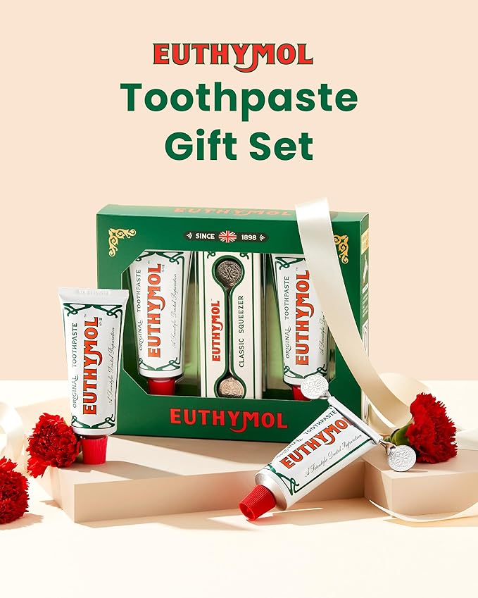 EUTHYMOL Original Toothpaste Set (Gift Set, 3.7fl oz*2, Sqeezer Set) - Fluoride-Free for Sensitive Teeth & Gum. Bad Breath, Cavity Prevention, 12-Hour Long Lasting Freshness with Wintergreen