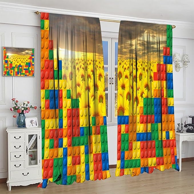 Colorful Building Blocks Sunflower Flower 3D Toy Printed Curtains, Building Blocks, Floral Sunflower Curtains, Interesting Brick 3D Design, Boys and Girls Room Curtain Panels, 2 Panels 55x63in