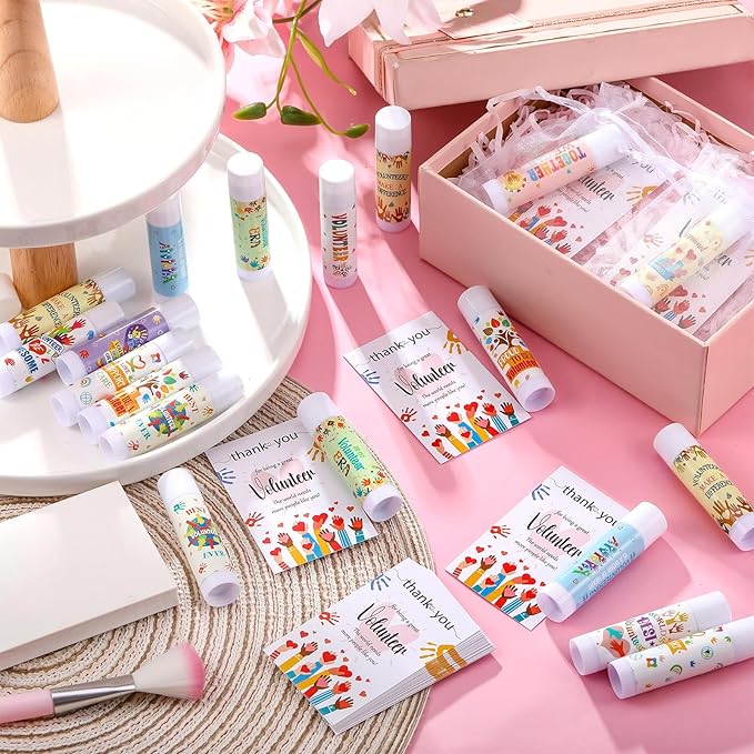 36 Set Volunteer Appreciation Gift Bulk Volunteer Lip Balm Thank You Card Organza Bag for Charity Ministry Social Worker Church Coworker Valentine's Day Birthday Party Favor Decoration